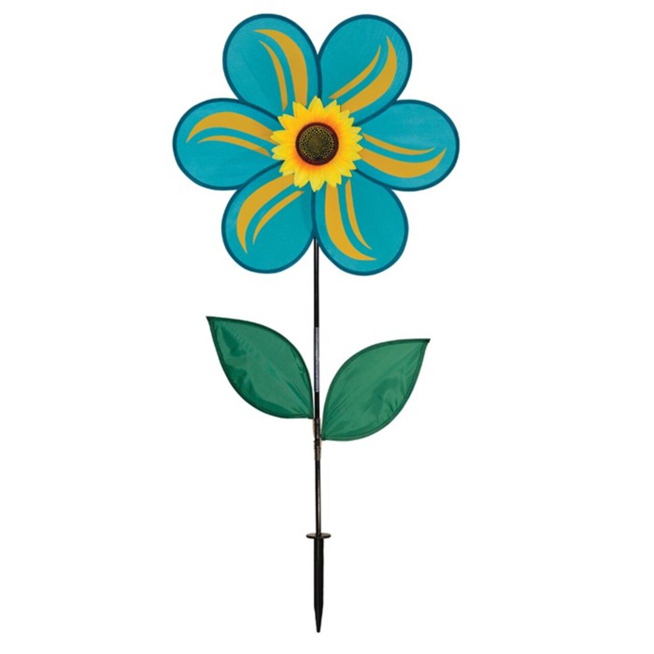 In the Breeze 19 Inch Teal Sunflower Wind Spinner with Leaves - Includes Ground Stake - Colorful Flower for your Yard and Garden
